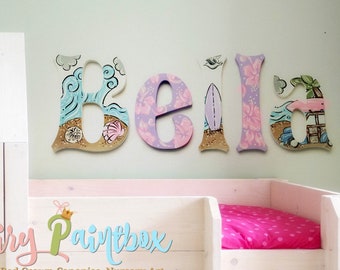 Surfer Girl Hawaiian Painted Letters - Beach Print Nursery Room Wall Hanging Letters - Beach Kids Room Wall Decor - Surfboard Kids Room Sign