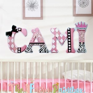 Girls Room Painted Wood Letters, Zebra Stripe Wall Decor, Princess Wall Decor, Girls Nursery Room Wall Letters, Baby Girl Baby Name Sign 画像 2