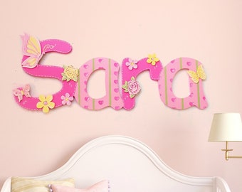 Butterfly Nursery Room Painted Letters - Hearts Baby Room Wall Hanging - Girls Nursery Room Decor Letters - Butterfly Kids Room Name Sign