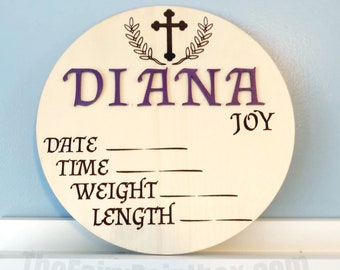 Personalized Christian Birth Stat Sign, Engraved Wooden Cross Baby Name Plaque