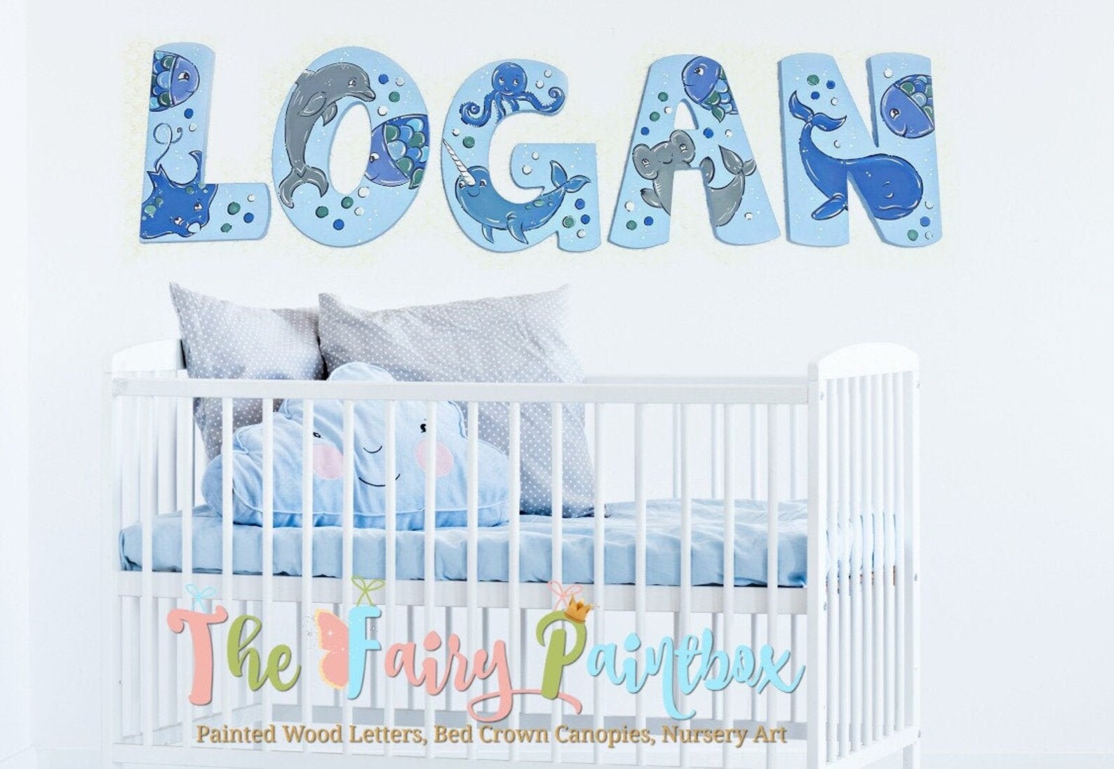 Whale Nursery Wall Painted Letters - Nautical Monogram Ocean Wood ...