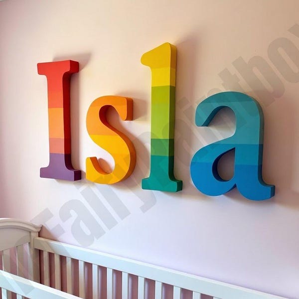 Color Wheel Painted Wood Letters, Art Stripe Baby Room Letters, Art Nursery Decor, Rainbow Theme Wall Sign, Color Palette Kids Name Sign