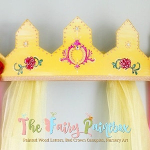Dossel de coroa de cama de princesa da Bela e a Fera, coroa de bebê rosa encantada, coroa de parede de princesa, cortinas brilhantes, acessório de foto de peça central de coroa