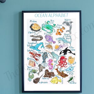 Ocean Animal Alphabet Poster, Ocean ABC Baby Room Decor, Ocean Baby Room Poster, Sea Life Alphabet Print, ABC Ocean Life, Sea Creature Decor