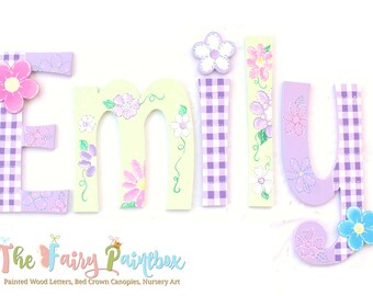 Gingham Purple Painted Letters - Daisy Nursery Letters - Girls Nursery Decor - Floral Nursery Letters - Baby Name Sign - Wood Letters