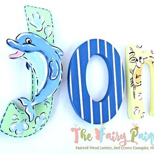 Letras pintadas de animales marinos - Cartas de vivero oceánico - Decoración de vivero de animales marinos - Letras de madera - Letras de pared pintadas - Letras de madera pintadas