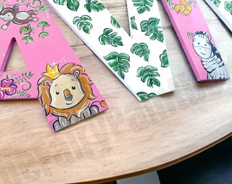 Jungle Safari Painted Wood Letters, Palm Leaf Baby Room Letters, Safari Nursery Decor, Jungle Animals Painted Wall Letters, Baby Gift
