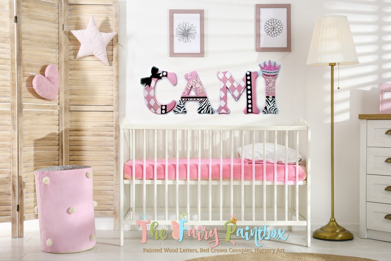 Girls Room Painted Wood Letters, Zebra Stripe Wall Decor, Princess Wall Decor, Girls Nursery Room Wall Letters, Baby Girl Baby Name Sign 画像 4