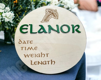 Middle Earth Birth Announcement Sign - Elvish Baby Wooden Newborn Photo Prop - Lorien Leaf Baby Name Sign - Elf Baby Name Reveal Sign