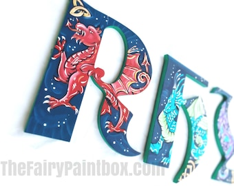 Dragon Nursery Room Painted Letters, Fantasy Crib Decor, Mythical Kids Room Hanging Monogram, Dragons Baby Name Sign