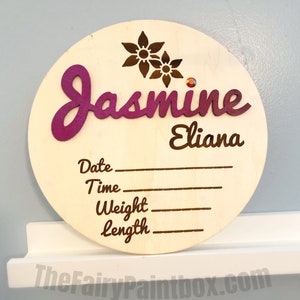 Signe floral de stat de naissance, annonce de naissance personnalisée, stat de naissance de nouveau-né gravé, souvenir de nouveau-né de fleur, plaque d&#39;annonce de nom de bébé