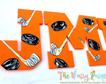 Orange Hockey Fan Painted Letters, Hockey Stick Nursery Letters,  Hockey Nursery Art, Hockey Photo Prop, Newborn Hockey Decor Hockey Wedding