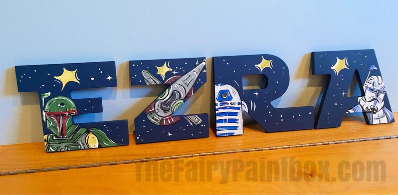 Star Jedi Space Wars geschilderde letters, Navy Star Jedi geschilderde letters, Sci-Fi geschilderde letters, Star Jedi Space kwekerij gepersonaliseerde babynaam afbeelding 8