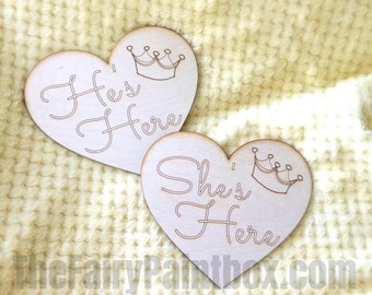He's Here / She's Here Engraved Newborn Announcement Sign, Baby Announcement Sign, Wooden Heart Newborn Photo Prop Disc Sign, Baby Prop