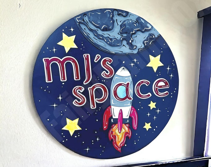 Placa personalizada del nombre del bebé de la nave espacial, letrero de la habitación de los niños del cohete espacial y la luna, letrero de la habitación del bebé del sistema solar, placa de la sala de la guardería del espacio exterior