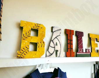 Girls Sports Painted Wood Letters - Vintage Softball Baby Room Letters - Sports Volleyball Nursery Decor - Sports Painted Wall Letters