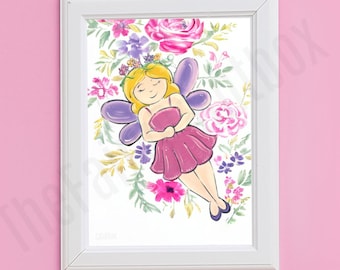 Impresión de hadas de las flores, arte lindo de la pared de hadas, decoración de la habitación del bebé de hadas, cartel de la habitación del cuento de hadas, carteles de la guardería de las niñas, regalo de la habitación del bebé de las hadas del jardín