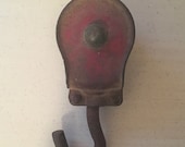 Farm salvage iron pulley - red - barn find - red chippy paint - with hook