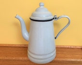 Vintage enamelware coffee pot - white - cobalt blue trim - teapot - tea pot