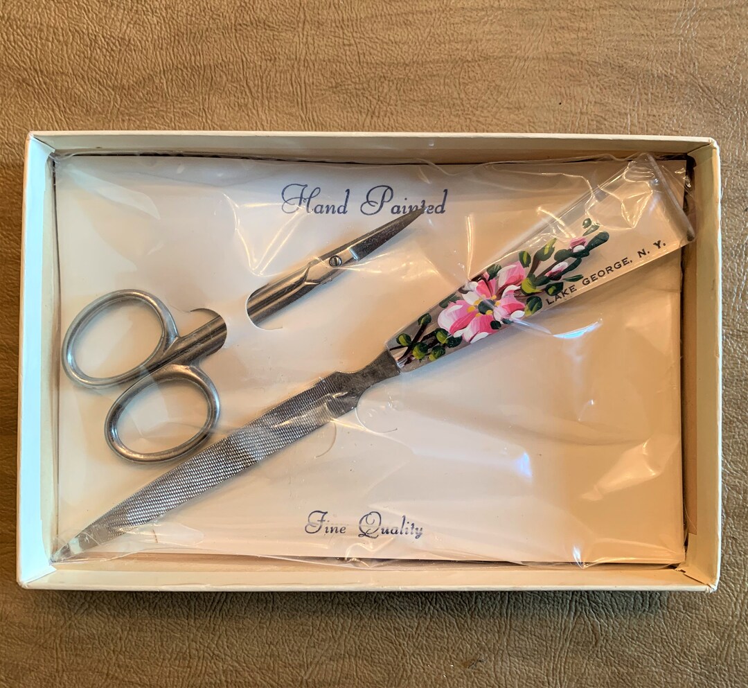 Vintage Nail File and Scissor Set Hand Painted Lucite Etsy