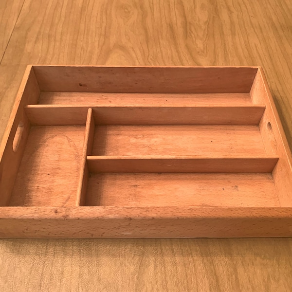 Vintage wood cutlery tray - wooden utensil box - dove tailed - mid century kitchenware