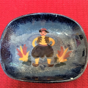 Vintage folk art bowl - cobalt blue - Keramikos pottery - Athens Greece - signed by artist