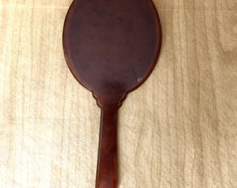 Vintage art deco hand mirror - mid century - 11 3/4" - brown marbleized - MCM vanity dresser accessory