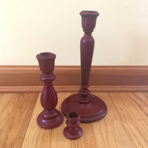 Vintage candle holders - set of 3 - wood candlesticks - wooden red primitive candle sticks - Christmas candlesticks