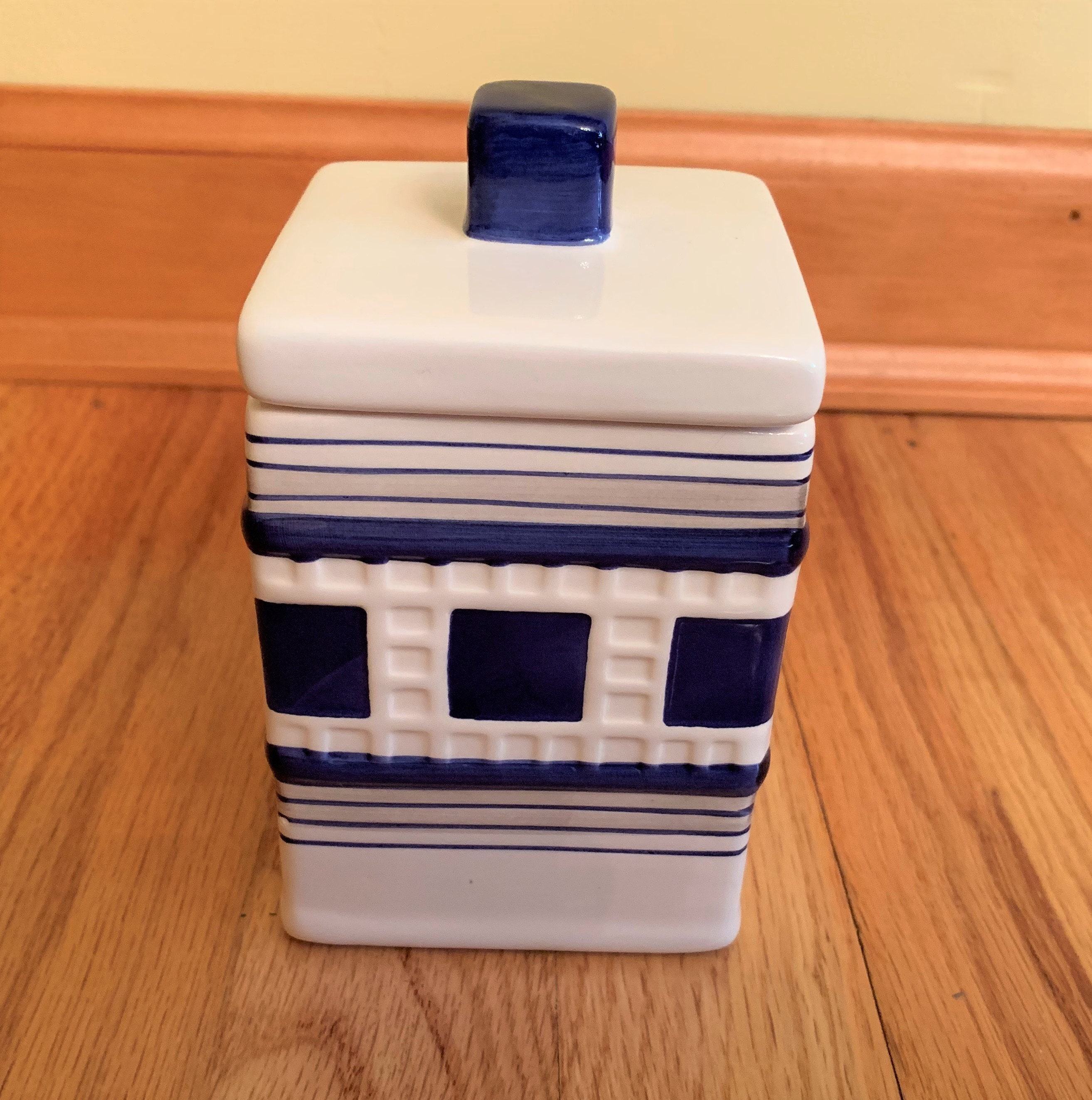 Vintage tea bag canister blue and white ceramic with lid Etsy