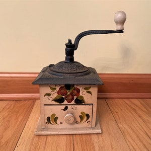 Vintage coffee grinder - cast iron and wood - hand painted - strawberries - folk art