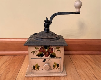 Vintage coffee grinder - cast iron and wood - hand painted - strawberries - folk art