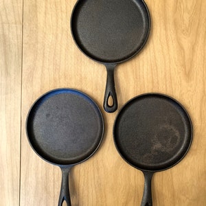 Vintage small cast iron skillets - set of 3 - 10 1/4&quot; long - 6 1/4&quot; in diameter - 1/2&quot; deep
