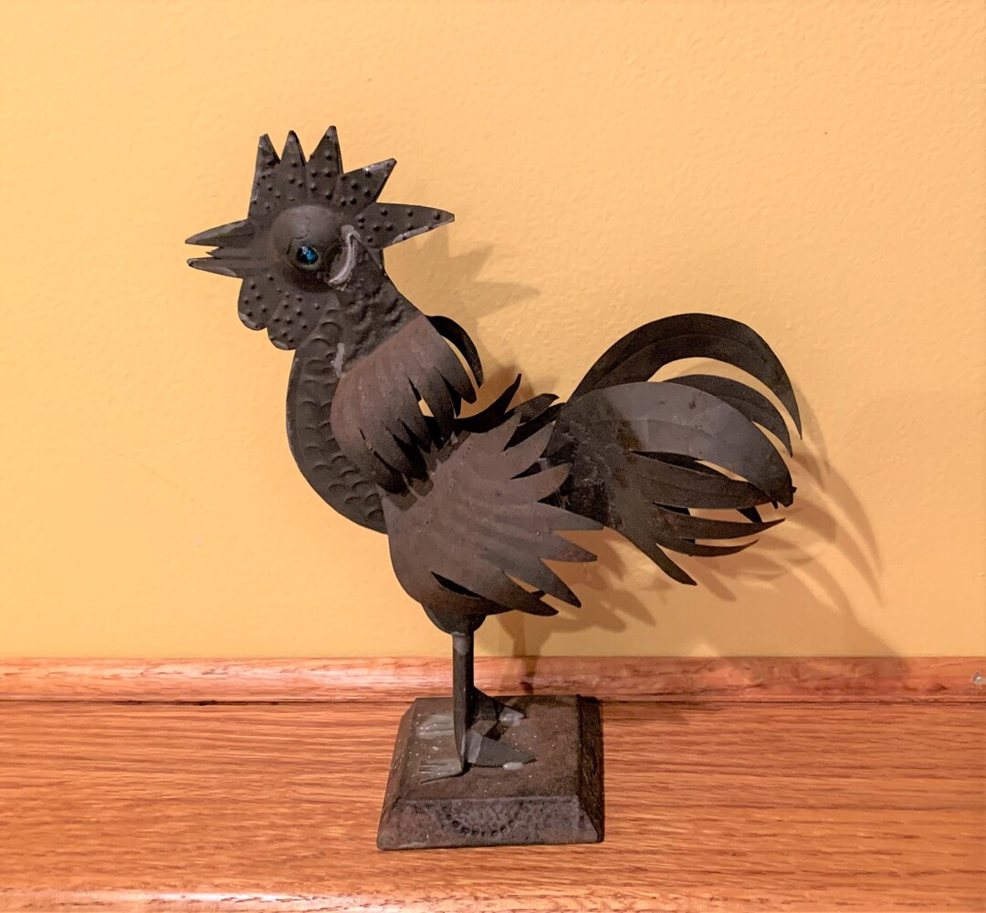 Vintage Metal Rooster Sculpture Mexico Rustic With Blue Etsy