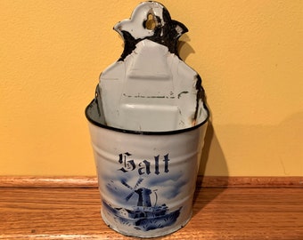 Vintage salt box - metal and enamel - Germany - blue and white windmill