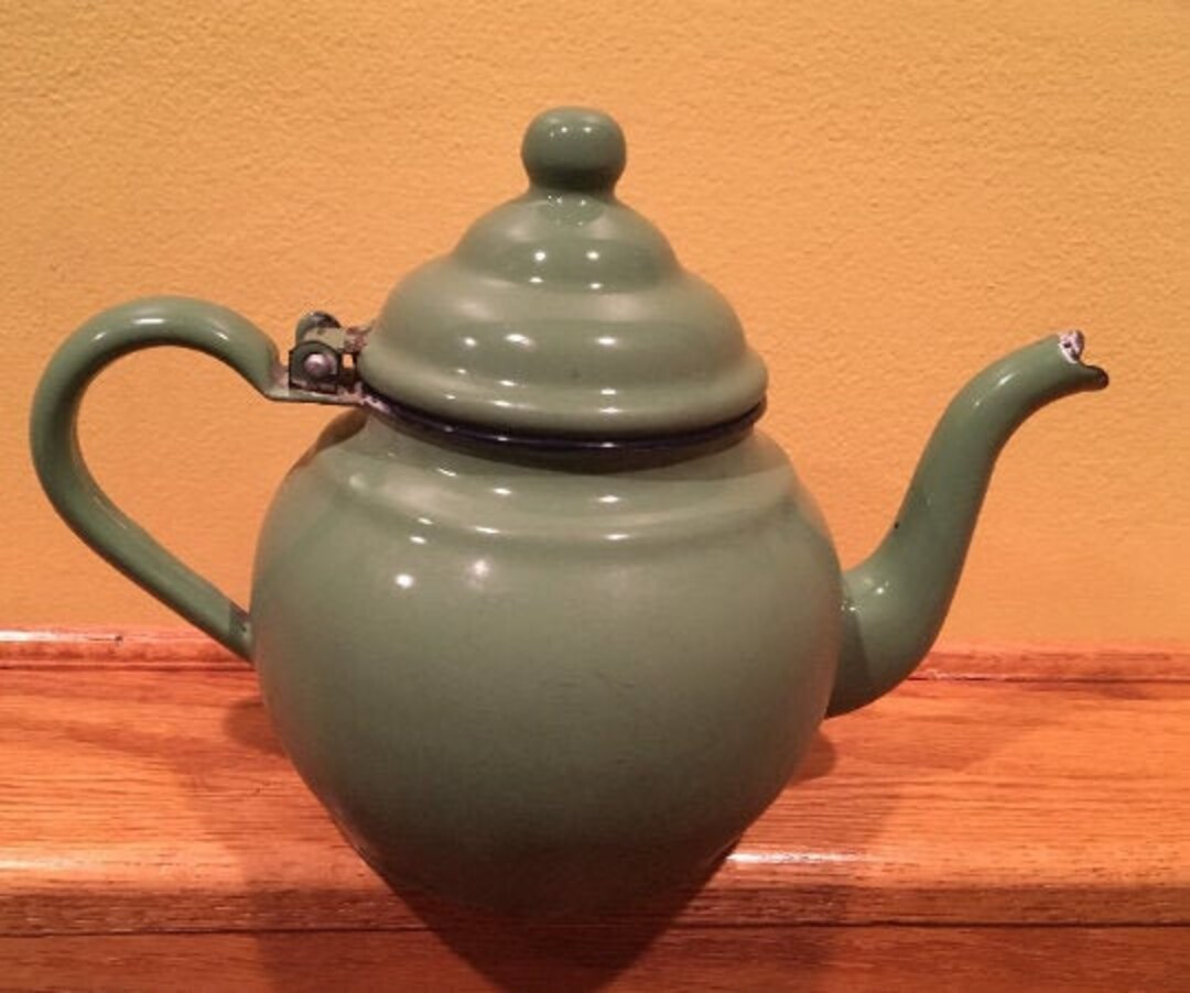 Vintage Enamelware Teapot Green Farmhouse Find Hinged Etsy