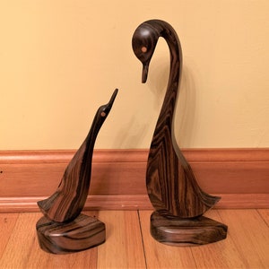 Vintage Carved Wood Swans: Mother and Baby Set
