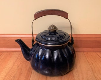 Vintage enamelware teapot - cobalt blue - brass and wood handle - tea kettle - cobalt blue kitchenware