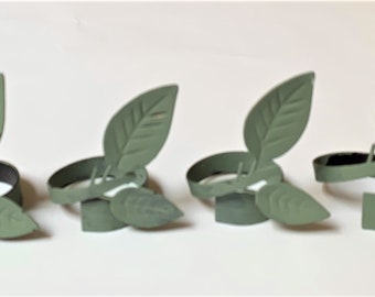 Vintage napkin rings - leaf design - metal leaves - green - set of 4