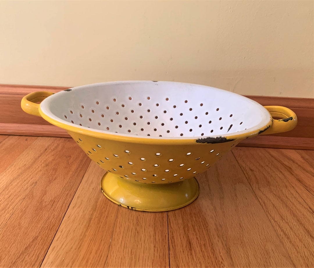 Vintage Enamelware Colander Yellow and White Two Handles and Pedestal