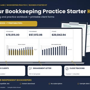 May include: A digital bookkeeping practice starter kit featuring a workbook and seven printable PDFs. The display shows YTD revenue, expenses, and net figures, alongside bar charts, price client calculators, engagement letters, and close tracking checklists.