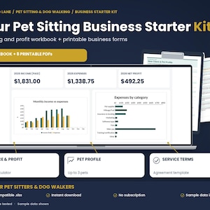 Peut inclure: Un kit de démarrage pour entreprise de garde d'animaux et de promenade de chiens comprenant un classeur numérique et des PDF imprimables. L'écran affiche des données de revenus, dépenses et bénéfices, avec des graphiques, un calculateur de devis, un profil d'animal et des modèles de contrats.