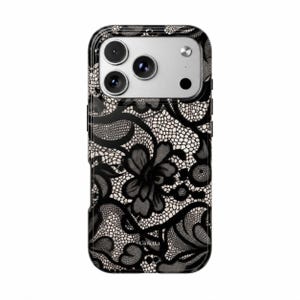 May include: A smartphone case featuring a black lace pattern over a cream background. The design includes intricate floral motifs and mesh detailing. The word Gioletta is printed in small white letters near the bottom center of the case.