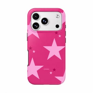 May include: A bright pink smartphone case featuring a pattern of light pink stars in various sizes. The case has a white rectangular camera cutout area at the top with three circular lens openings. The word Gloletta is printed in small white text.