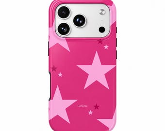 Könnte beinhalten: Eine leuchtend pinke Smartphone-Hülle mit einem Muster aus hellrosa Sternen in verschiedenen Größen. Die Hülle hat oben einen weißen rechteckigen Kameraausschnitt mit drei kreisförmigen Linsenöffnungen. Das Wort Gloletta ist in kleiner weißer Schrift aufgedruckt.