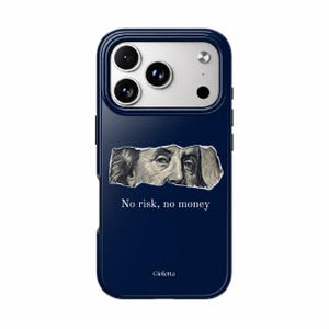 May include: A dark blue smartphone case featuring a torn paper graphic of Benjamin Franklin's eyes from a hundred-dollar bill. Below the graphic, the text reads No risk, no money in white, with the brand name Gioletta printed at the bottom.