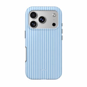 May include: A light blue and white vertical striped phone case featuring a silver camera module with three circular lenses and a flash. The word Violetta is printed in small white letters near the bottom of the striped back panel.