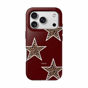 May include: A deep burgundy smartphone case featuring three prominent stars with a brown and black leopard print pattern. Each star is outlined in a thin white border. The word Gioletta is printed in small white text near the center.