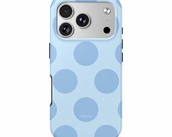 May include: A light blue smartphone case featuring a pattern of darker blue polka dots. The case has a rectangular cutout at the top for a triple-lens camera system and a flash. The word Gioletta is printed in small white letters near the bottom.