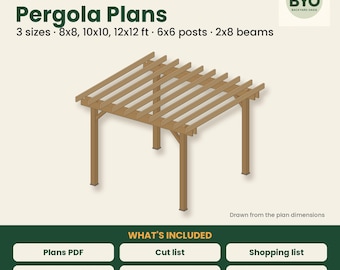 Planos para pérgolas, 3 tamaños: 8x8, 10x10 y 12x12 pies. Planos de construcción de pérgolas de madera independientes para bricolaje en formato PDF. Ideales para patios traseros, incluyen lista de materiales y calculadora.