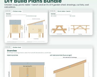 DIY Build Plans Bundle: Chicken Coop, Picnic Table & Bench, 8x6 Garden Shed Plans, PDF Cut Lists, Excel and Google Sheets Calculators